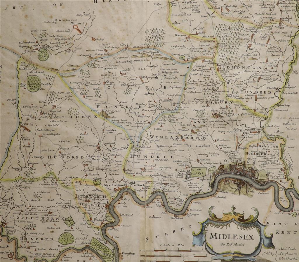 Robert Mordan, two coloured engravings, Maps of Sussex and Midlesex, together with two later engravings of Buckinghamshire and France,